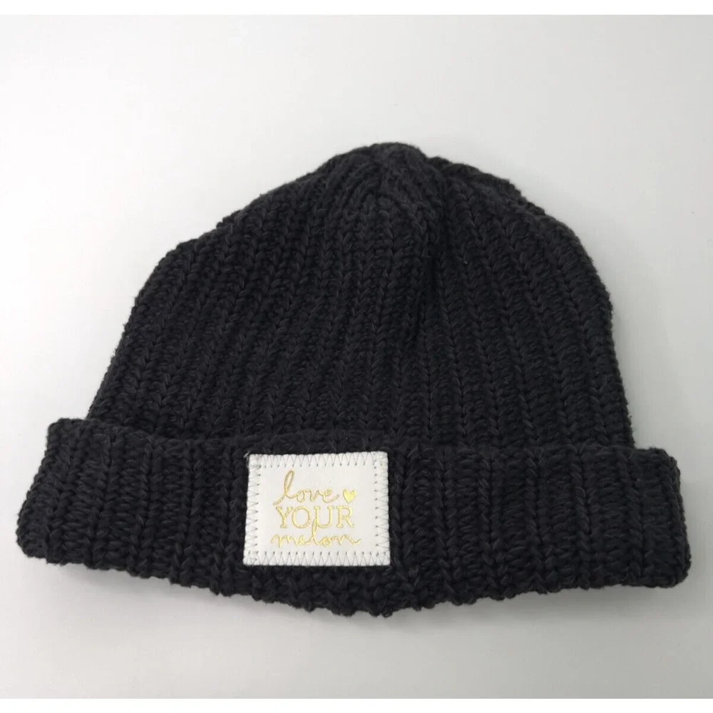 Love Your Melon Knitted Cuffed Beanie Hat in Black Gold Patch 100% Cotton